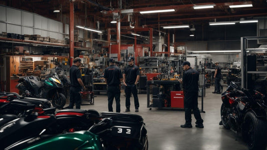 Service technicians in a powersports workshop with ATVs and motorcycles indoors