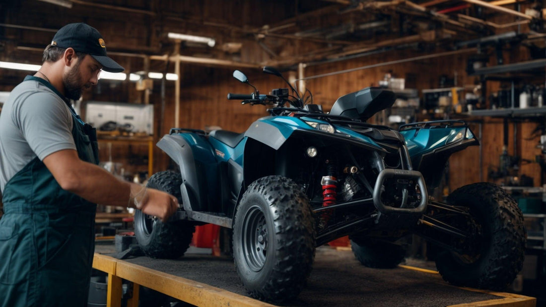 Mechanic servicing blue all-terrain vehicle ATV in workshop, off-road powersports repair