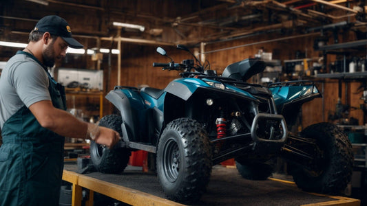 Mechanic servicing blue all-terrain vehicle ATV in workshop, off-road powersports repair