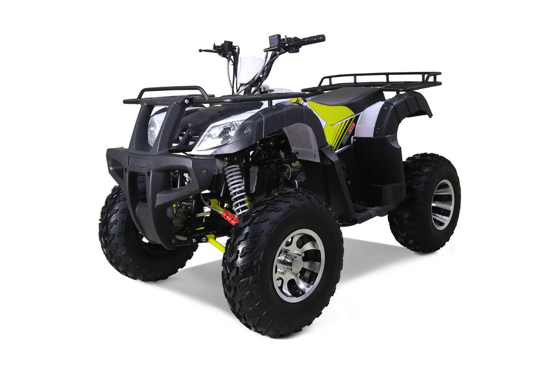 Black and yellow 200cc utility ATV with large off-road tires, front rack and rugged design