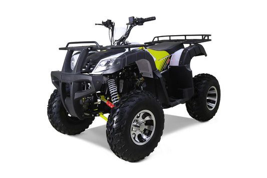 Black and yellow 200cc utility ATV with large off-road tires, front rack and rugged design