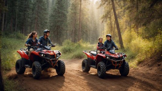 Families riding red ATVs on a forest trail in spring, enjoying outdoor adventure.