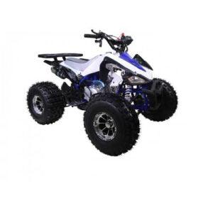 Blue and white 125cc sport quad ATV with knobby tires on a white background