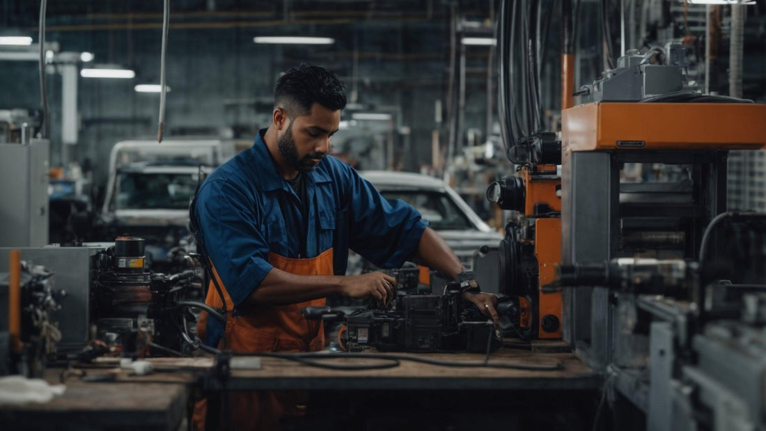 Powersports technician working on engine repair in an industrial workshop setting
