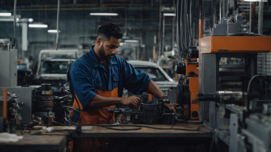 Powersports technician working on engine repair in an industrial workshop setting