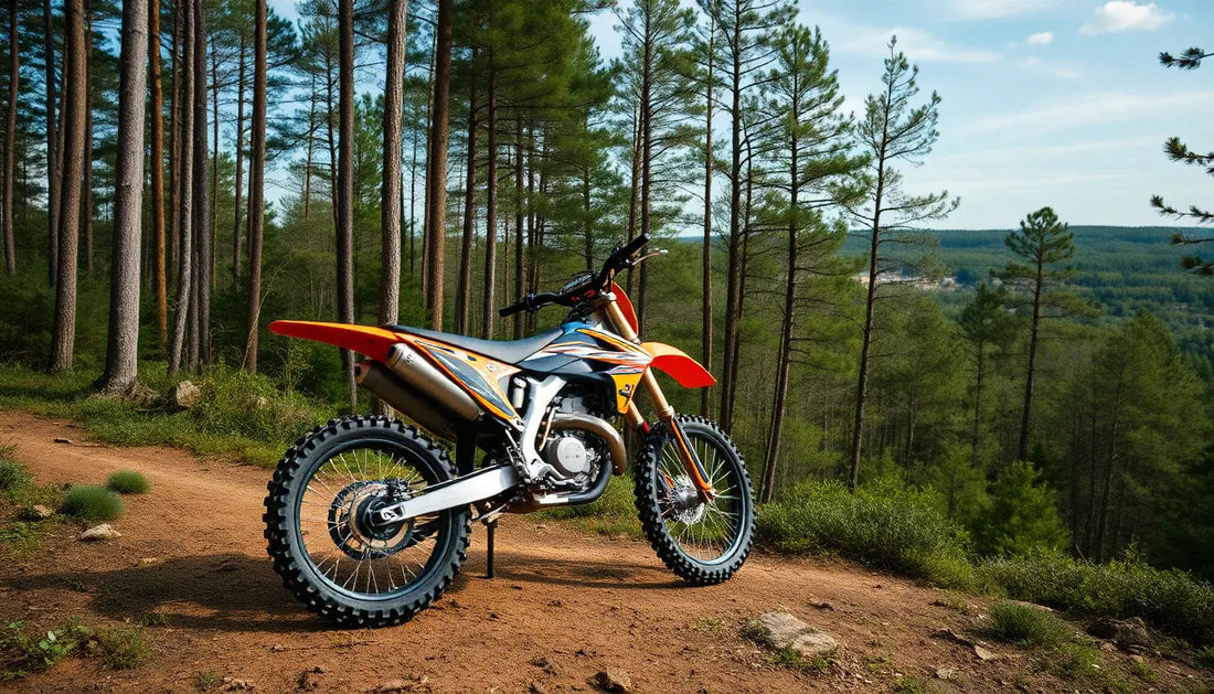 Off-road dirt bike with knobby tires parked on a forest trail under tall pine trees