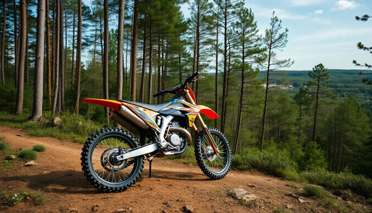 Off-road dirt bike with knobby tires parked on a forest trail under tall pine trees