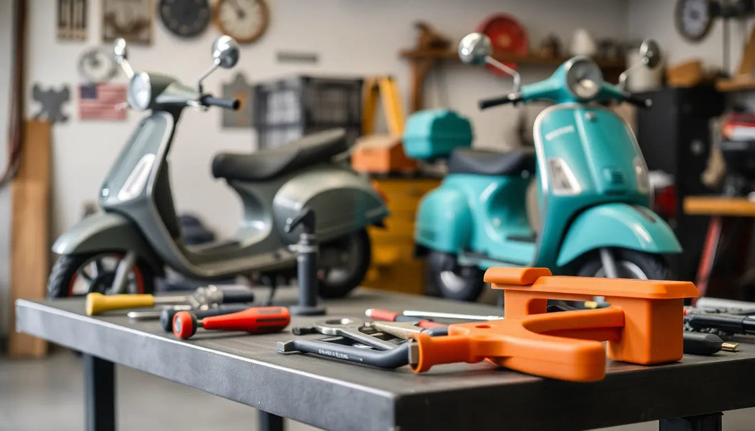Two motor scooters in a workshop with repair tools on a table in the foreground