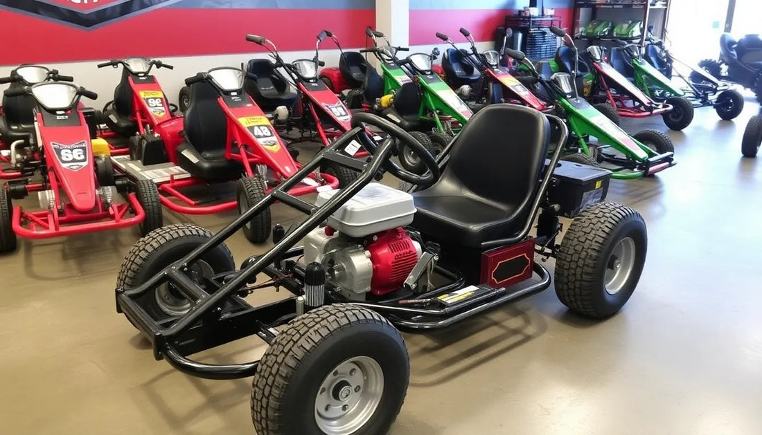Black and red go-kart with exposed engine in a showroom with multiple go-karts on display