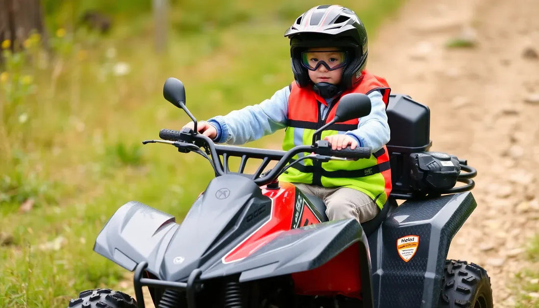Child riding a kids ATV on a dirt path, wearing helmet and safety vest outdoors