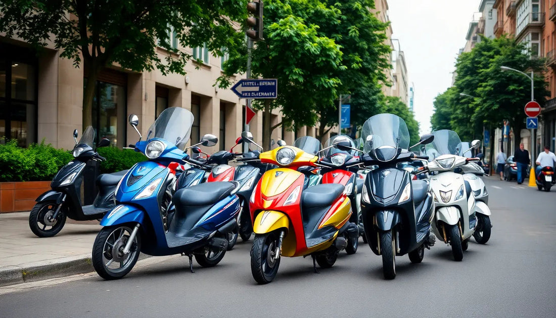 Multiple colorful scooters parked on a city street, showcasing urban commuter vehicles.