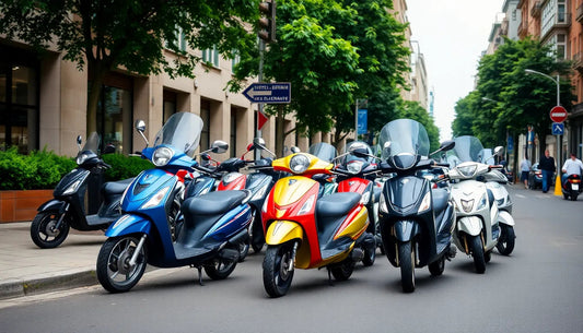 Multiple colorful scooters parked on a city street, showcasing urban commuter vehicles.