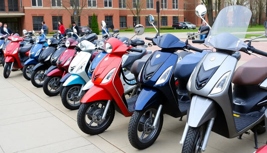 Row of colorful scooters parked outdoors in front of a brick building