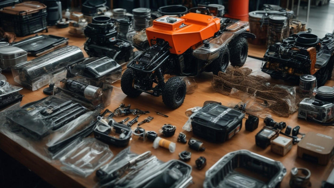 ATV replacement parts, accessories, and tools organized on a table, with a mini ATV in center