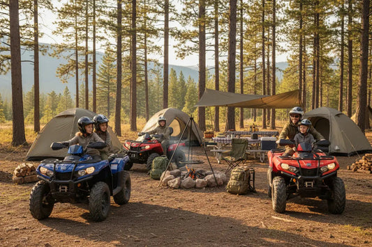 Family riding ATVs at a forest campsite with tents and campfire