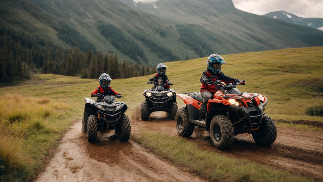 Kids riding gas-powered ATVs on a dirt trail in a scenic mountain landscape
