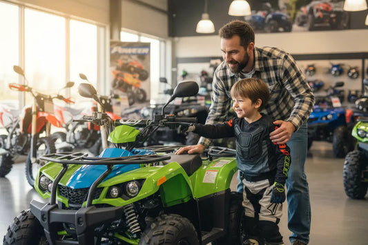 Father and son shopping for youth ATV in showroom with dirt bikes in background