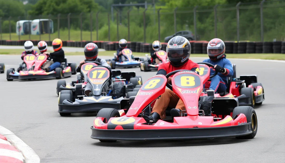 Go-kart racers with helmets driving on outdoor track, close-up of lead red go-kart