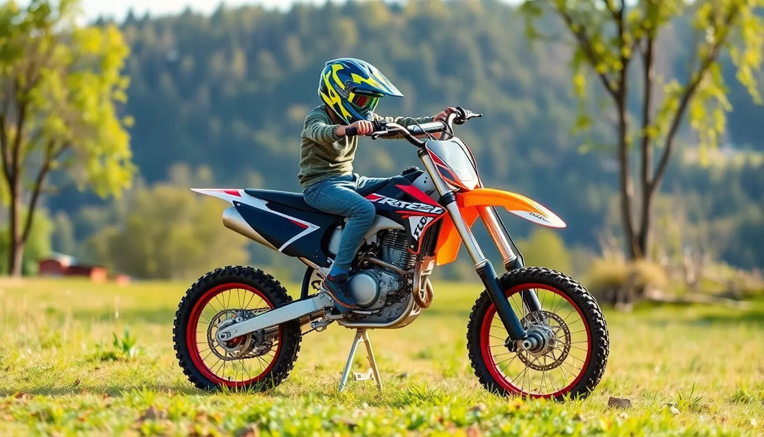 Child riding an orange and black dirt bike outdoors, wearing a helmet for safety.
