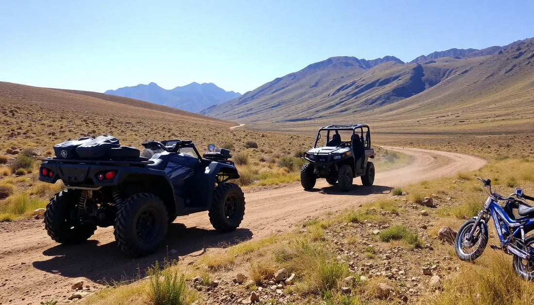 ATV, side-by-side, and dirt bike on desert trail with mountains, Q9 PowerSports USA vehicles