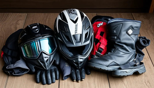 ATV and dirt bike gear set with helmets, gloves, boots, and a red protective jacket on wood floor
