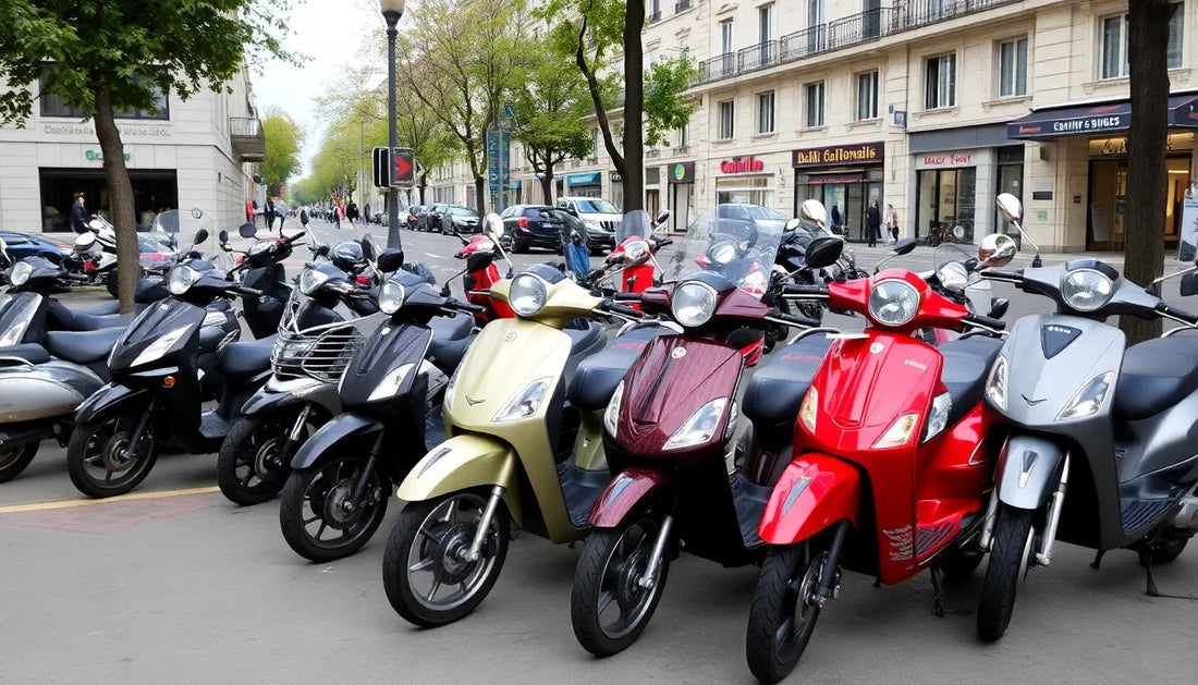 Row of colorful scooters parked on city street with shops and trees in background