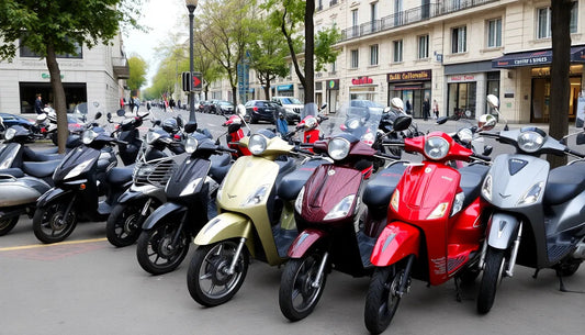 Row of colorful scooters parked on city street with shops and trees in background