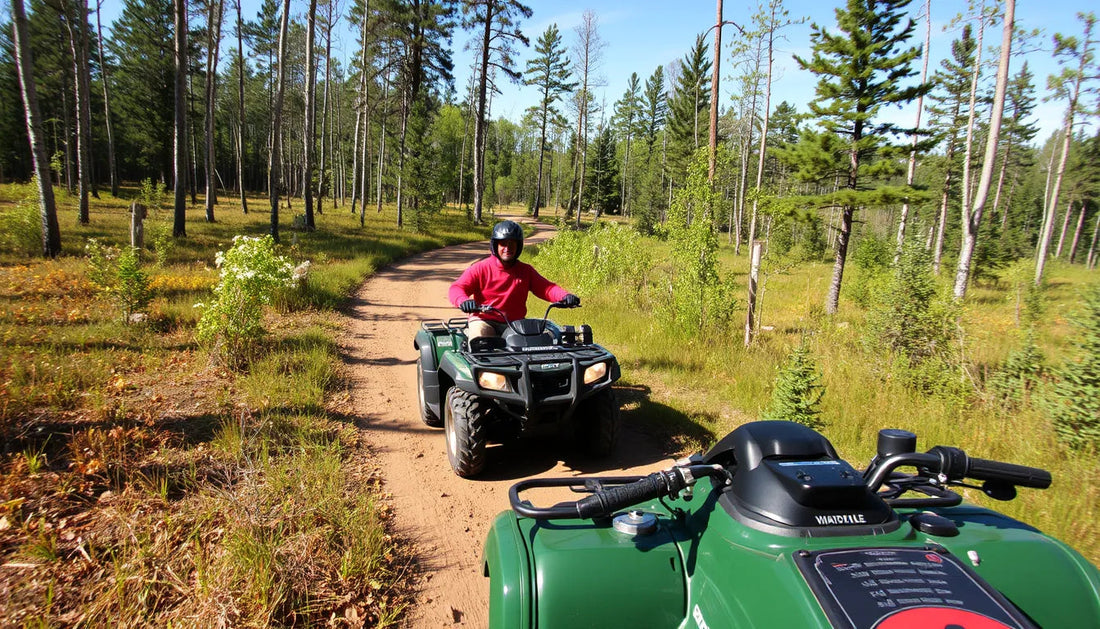Two people riding green ATVs on a forest dirt trail, enjoying outdoor powersports adventure.