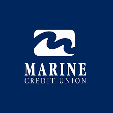 Marine Credit Union logo with white wave graphic on dark blue background