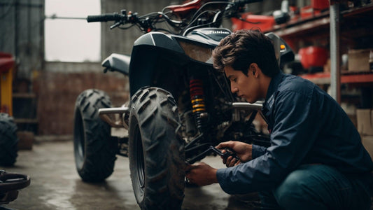 Mechanic repairing ATV in workshop, focusing on powersports parts and maintenance