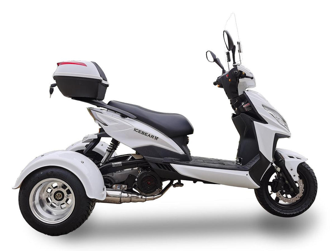 White 3-wheel 150cc trike scooter with rear trunk, shown in profile at Q9 PowerSports USA