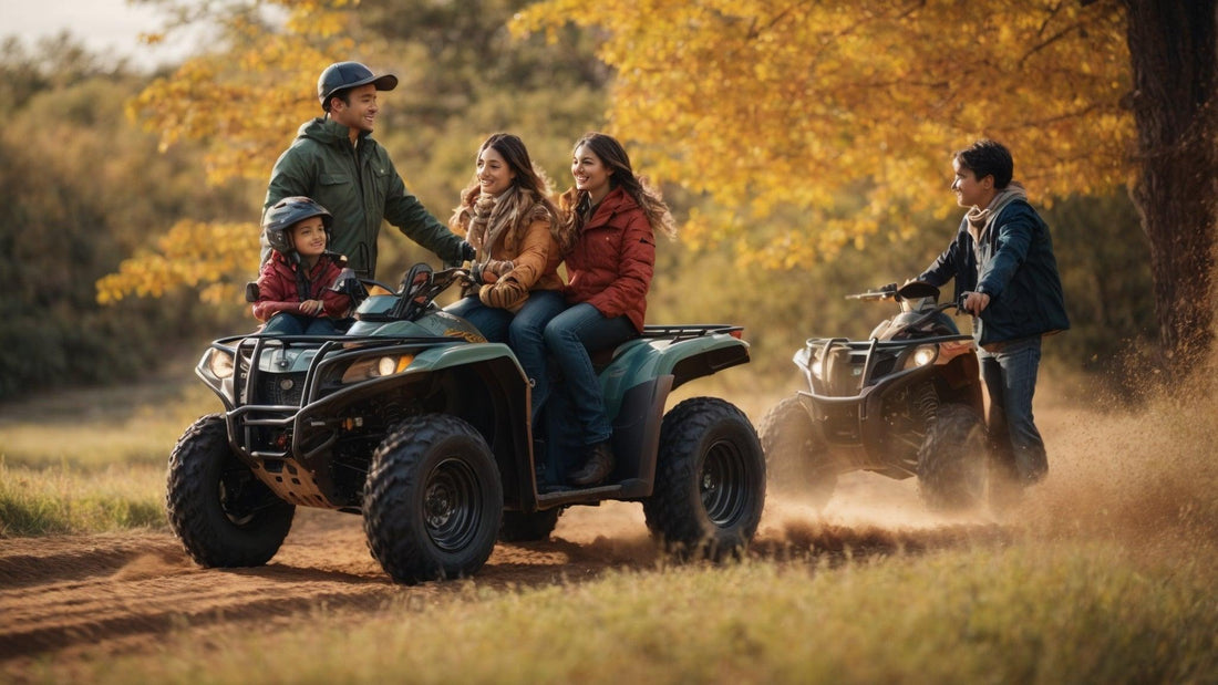Family riding ATVs outdoors on a dirt trail in autumn, enjoying powersports vehicles together
