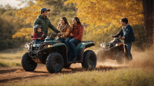 Family riding ATVs outdoors on a dirt trail in autumn, enjoying powersports vehicles together