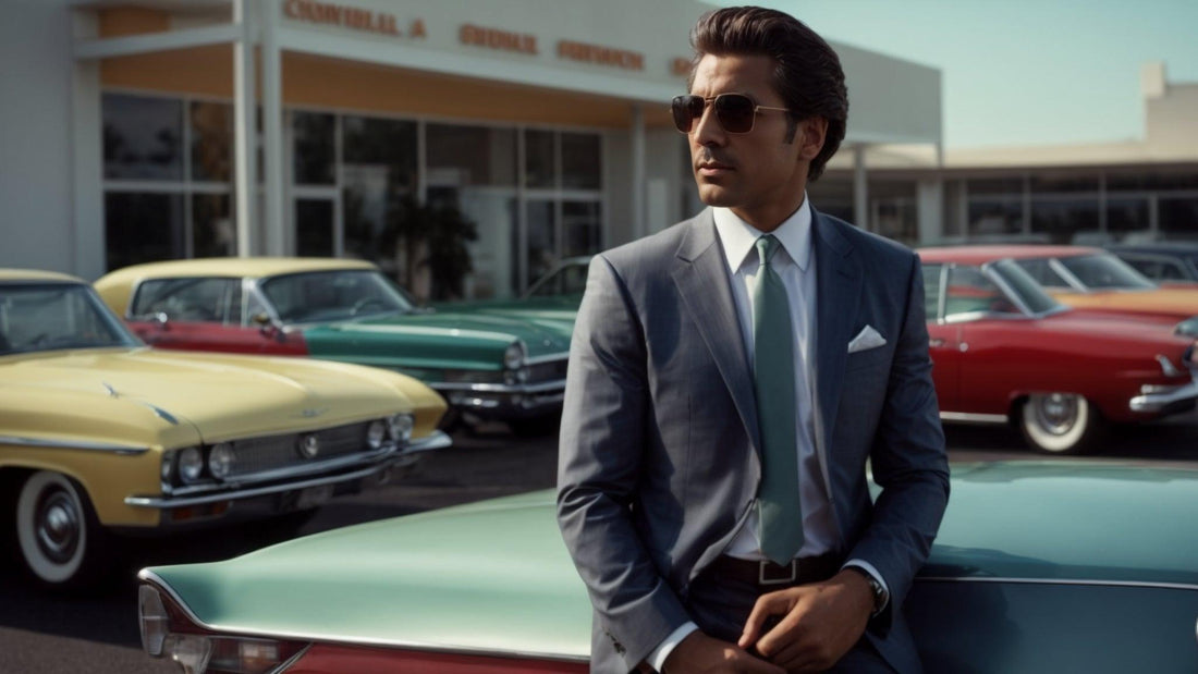 Man in suit leaning on vintage cars at classic car dealership lot
