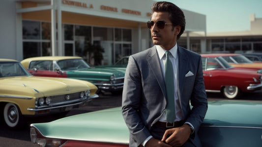 Man in suit leaning on vintage cars at classic car dealership lot