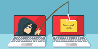 Cartoon of a hacker in a hoodie using a fishing rod to steal personal data from a laptop screen.