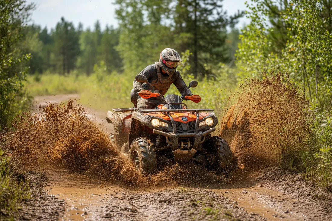 ATV rider splashing through muddy trail in the forest, off-road adventure