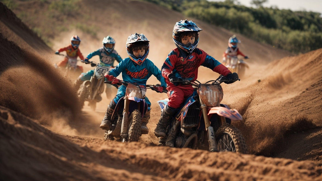 Kids riding dirt bikes on a sandy outdoor trail, wearing motocross helmets and gear