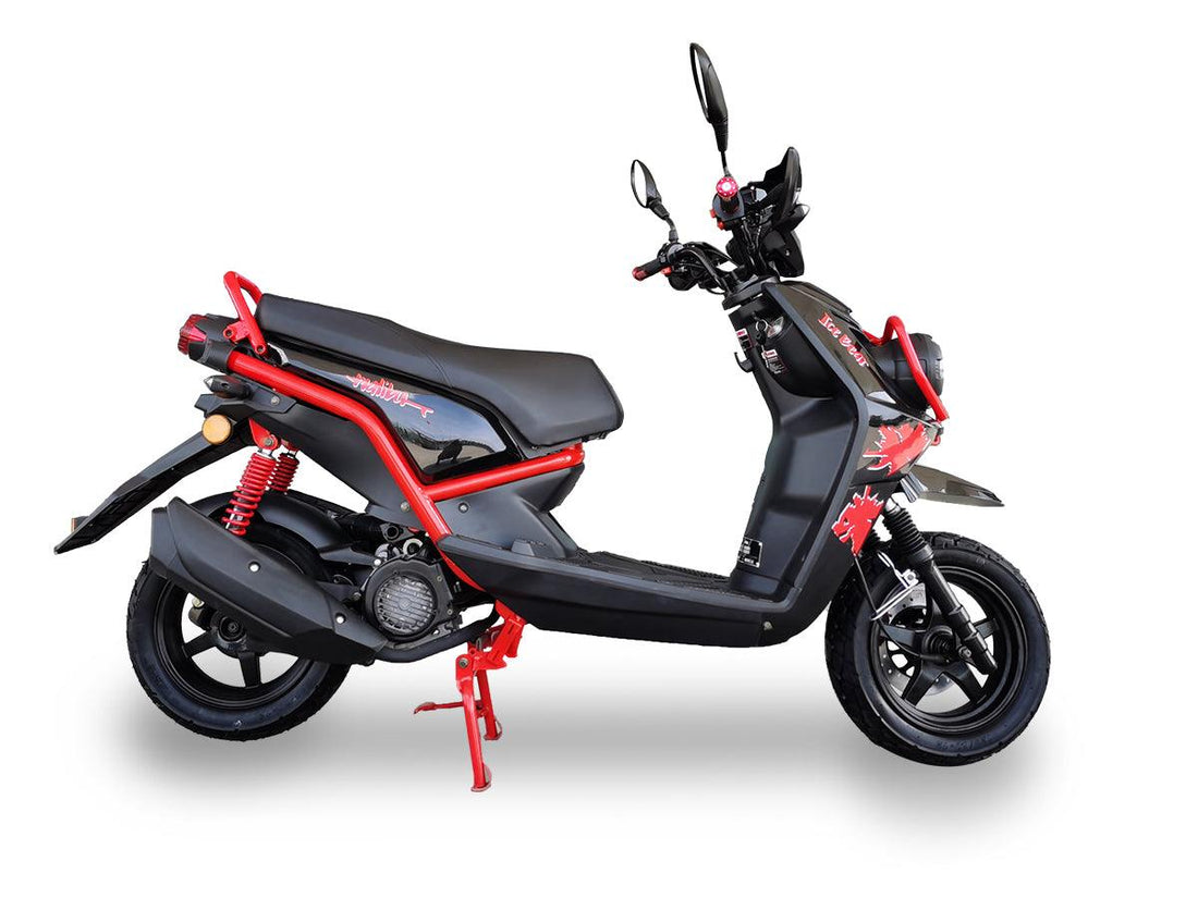 Black and red 150cc motor scooter with sporty design and dual mirrors on white background.