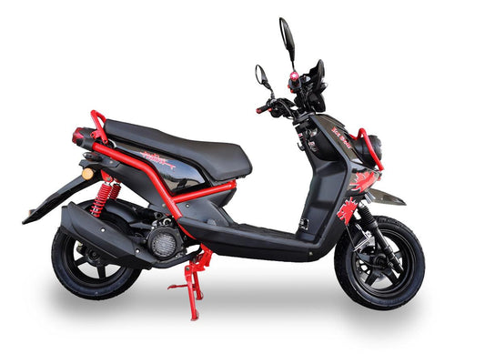 Black and red 150cc motor scooter with sporty design and dual mirrors on white background.
