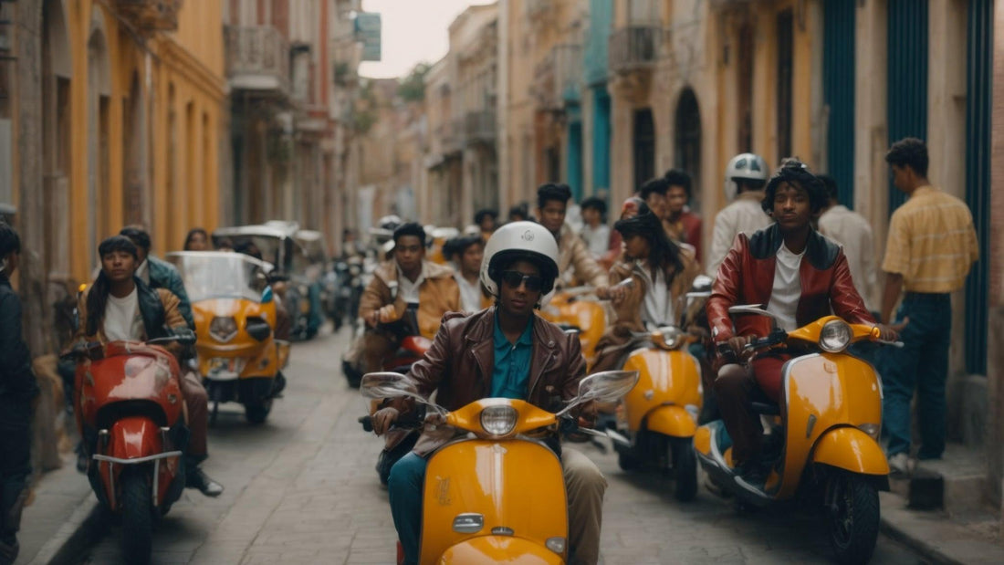 Group of people riding yellow and red 50cc scooters on a narrow city street