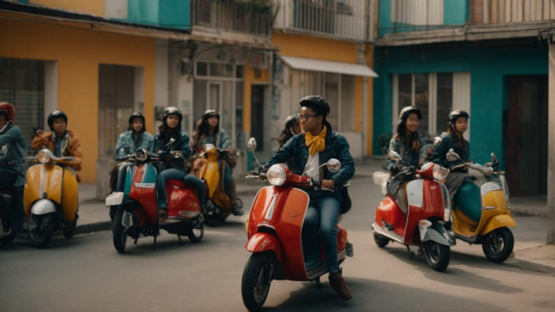 Group of young riders on colorful 50cc scooters wearing helmets in a city street