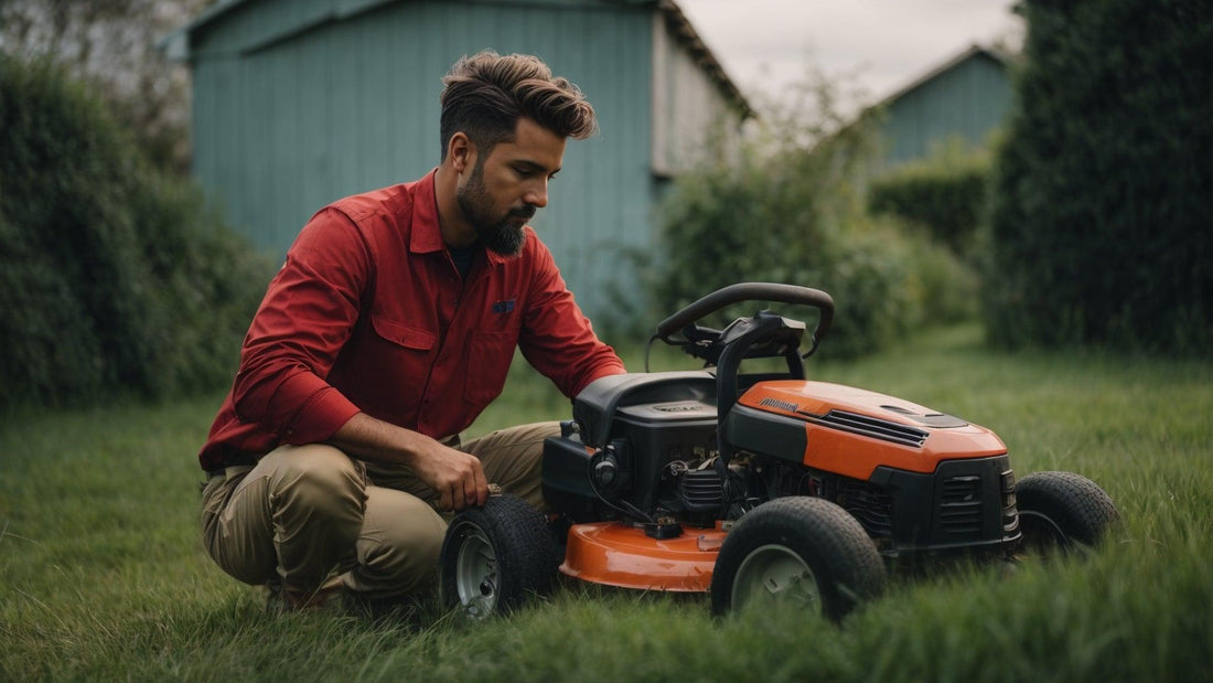 Man repairing orange riding lawn mower outdoors next to grass and shed