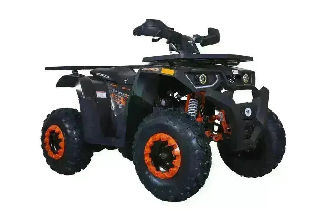 Black and orange utility ATV 200cc four wheeler with rugged off-road tires