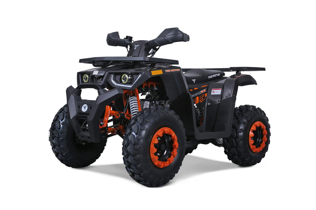 Black and orange Tao Motor sport ATV with rugged tires and protective front bumper on white background