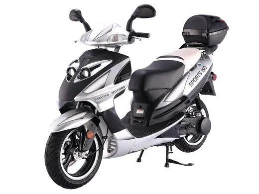 Black and white Taotao Sports 150cc scooter with rear storage box, Q9 PowerSports USA