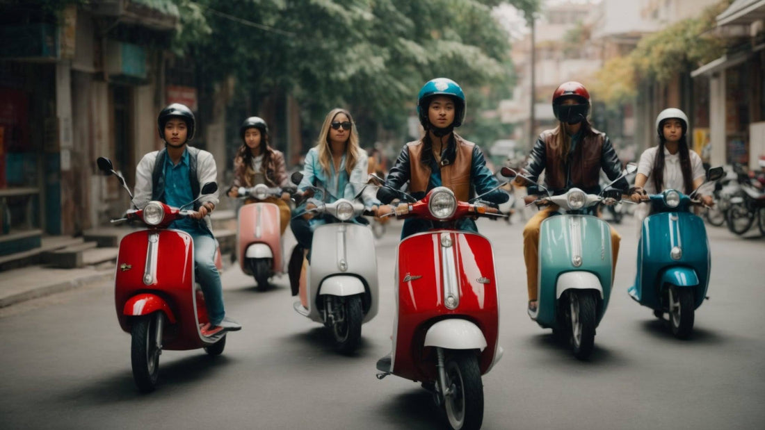 Group of young riders on colorful 49cc and 50cc motor scooters on a city street