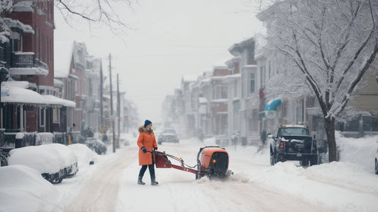 Person using snow blower to clear snowy residential street in winter