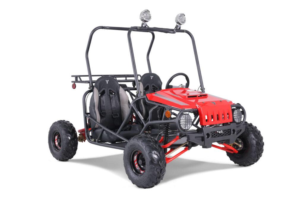 Red 125cc double seat kids go-kart with roll cage and off-road tires on white background