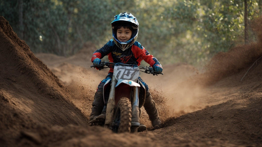 Child riding gas-powered 50cc dirt bike on off-road trail wearing helmet and racing gear